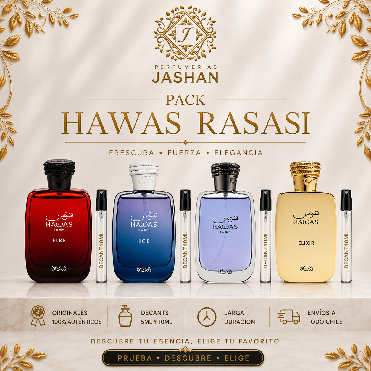DECANT - PACK HAWAS RASASI 10ml c/u - ELIXIR+FIRE+FOR HIM+ICE