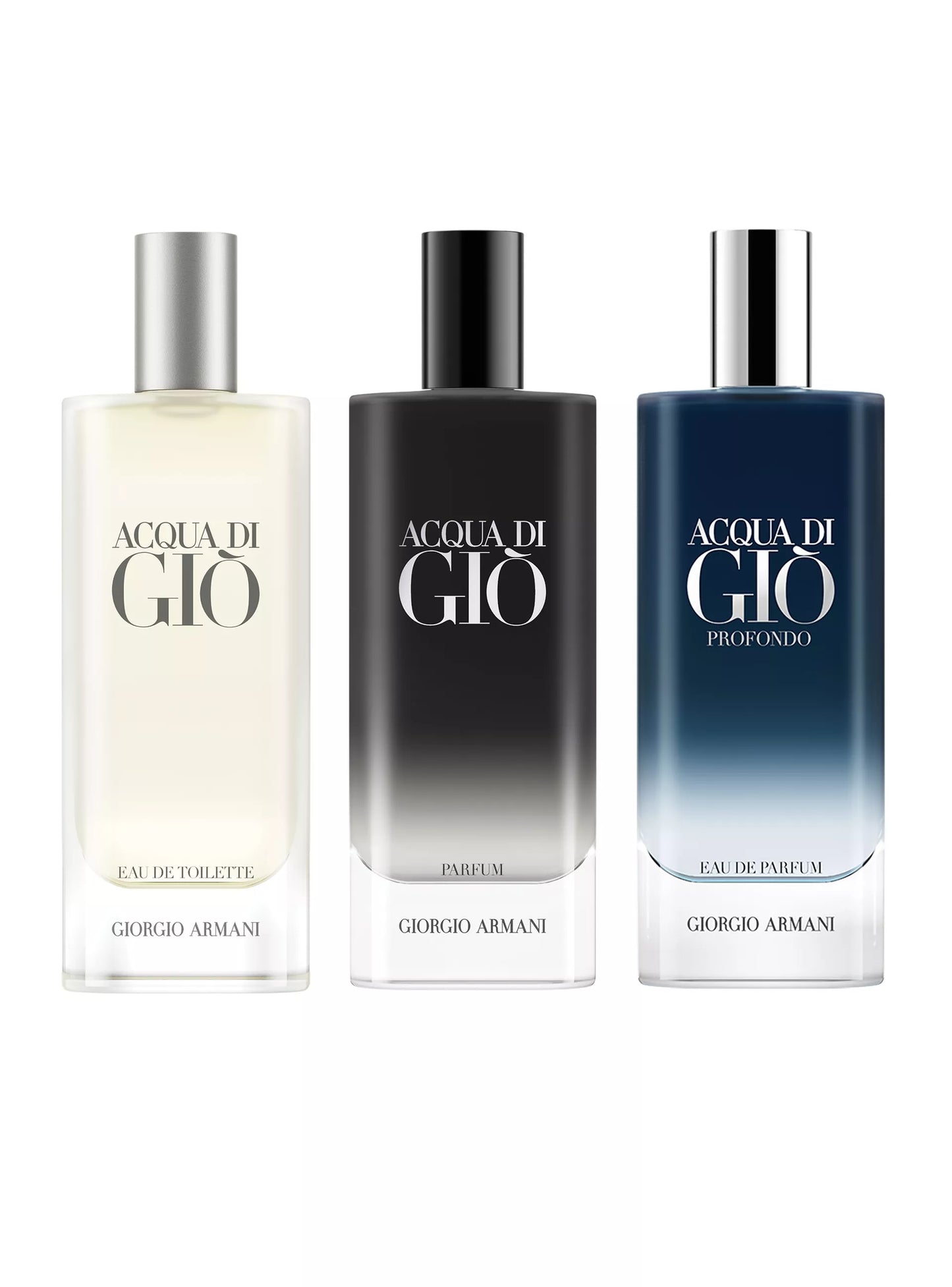 SET ACQUA DI GIO,ARMANI, EDT 15ML+ PROFONDO EDP 15ML + PARFUM 15ML