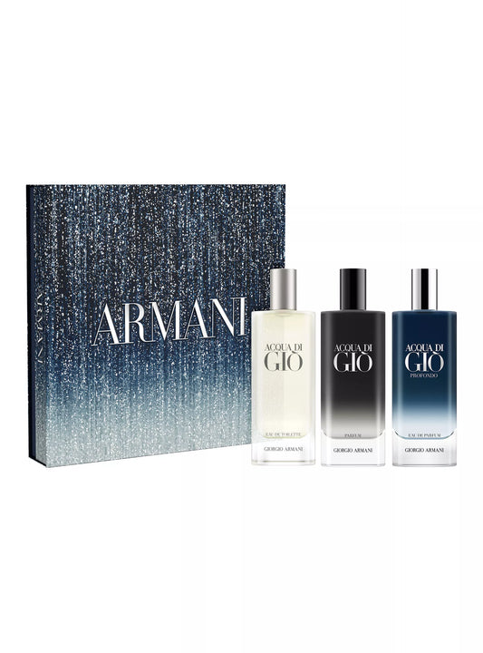 SET ACQUA DI GIO,ARMANI, EDT 15ML+ PROFONDO EDP 15ML + PARFUM 15ML