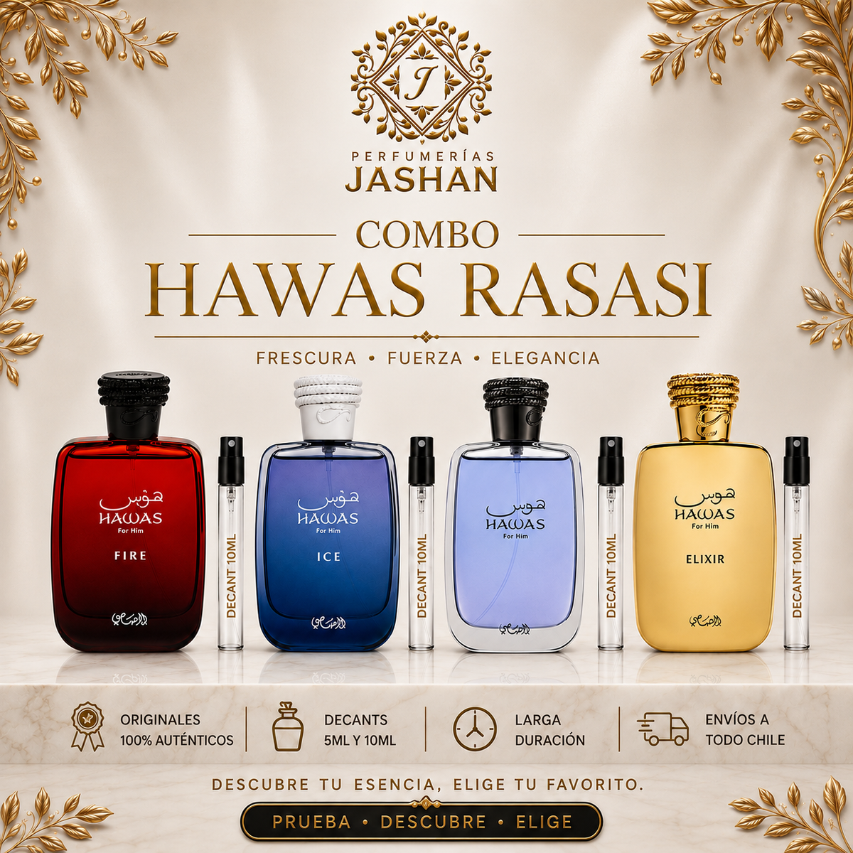 DECANT - COMBO  HAWAS RASASI 10ml c/u  - ELIXIR+FIRE+FOR HIM+ICE