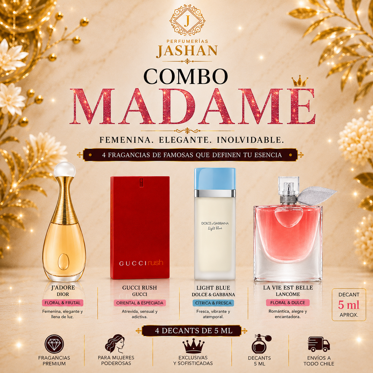 DECANT - COMBO MADAME C/U  JADORE DIOR EDP + GUCCI RUSH EDP +LIGHT BLUE EDP+ LA VIE EST BELLE EDP